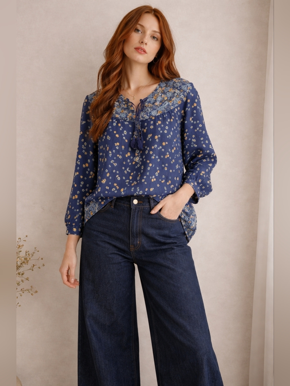 DR2 Navy Floral Peasant Tunic with Tassel Tie